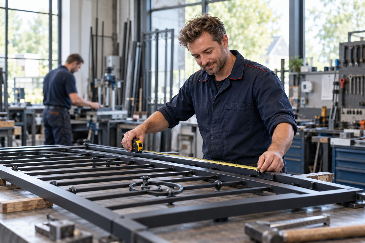 Vakman meet een metalen poort in een lichte werkplaats